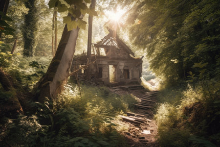 abandoned and historical structures in the forest, with trees and sunlight shining through, created with generative aiの素材