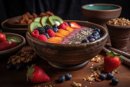 smoothie bowl topped with fresh fruit, granola, and seeds, created with generative aiの素材
