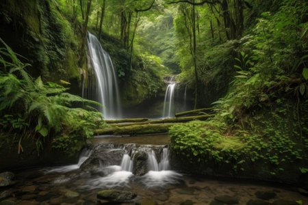 cascade of waterfalls surrounded by lush greenery, a peaceful escape, created with generative aiの素材