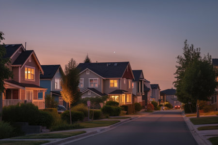 view of quiet residential neighborhood at dusk, with warm evening light and clear sky visible, created with generative aiの素材