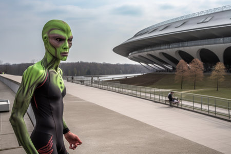 alien athlete in training, with view of futuristic sports facility visible in the background, created with generative aiの素材