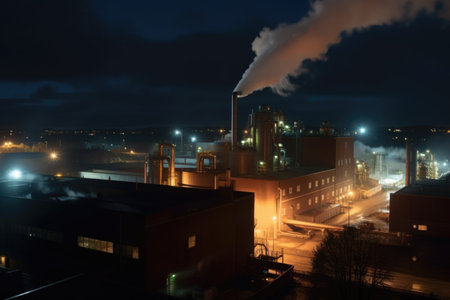 nighttime view of factory, with smoke and steam billowing out of the chimneys, created with generative aiの素材