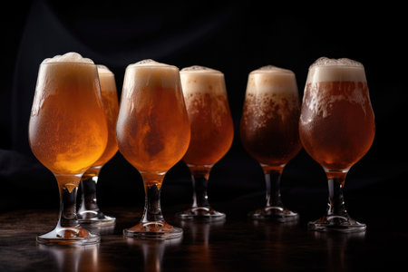 glasses of draught beer in a row, with foaming and carbonation visible, created with generative aiの素材