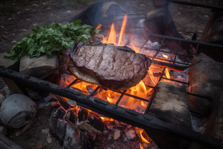 campfire cook, grilling juicy steak to perfection over hot fire, created with generative aiの素材