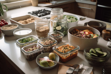 meal-prepping session, with bowls of ingredients and cookbooks on the table, created with generative aiの素材