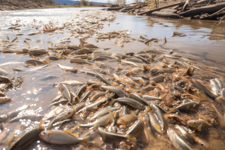 close-up of shallow riverbed overflowing with runoff, fish swimming among the debris, created with generative aiの素材