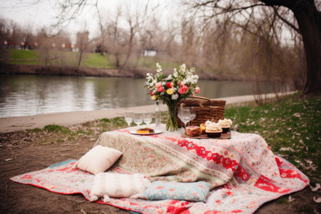 romantic picnic with cozy quilt and basket of treats, created with generative aiの素材