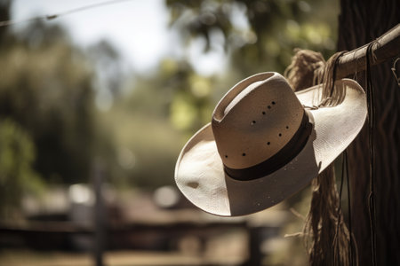 cowboy hat hanging on clothesline, with rope wrapped around the brim, created with generative aiの素材