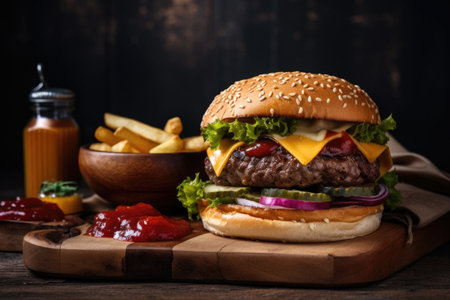 classic burger with freshly cooked fries, pickles and ketchup, created with generative aiの素材