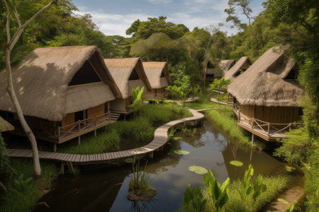eco-friendly resort, surrounded by greenery and natural beauty, created with generative aiの素材