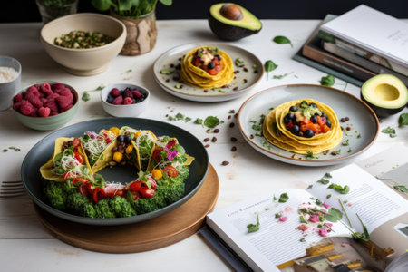 plant-based and vegan recipes book with variety of dishes, from breakfast to dessert, created with generative aiの素材