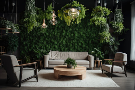 a stylish and modern interior with a wall of greenery, perfect for adding natural elements, created with generative aiの素材