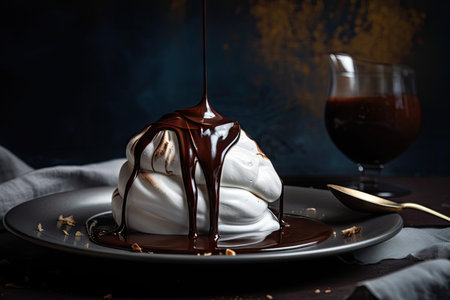 meringue float on a pool of chocolate sauce, created with generative aiの素材