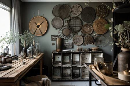 a decorative wall with a mix of upcycled items and new pieces, created with generative aiの素材