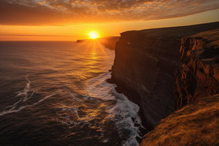beautiful sunset over coastal cliff, with the sun reflecting off of the water, created with generative aiの素材