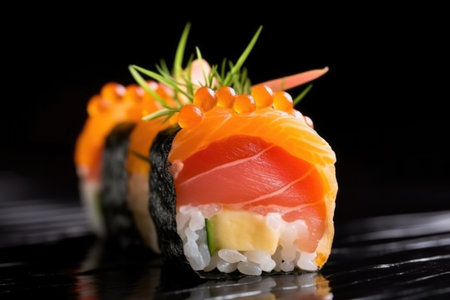 close-up of delicately prepared sushi roll, created with generative aiの素材