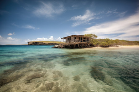 remote island hideaway, surrounded by warm waters and crystal clear skies, created with generative aiの素材