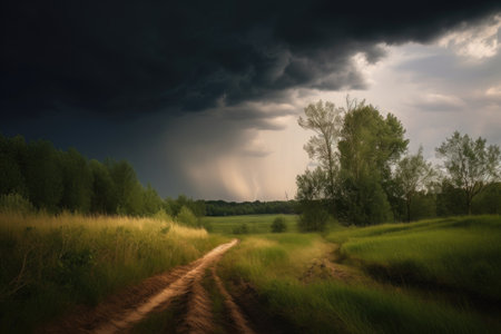 rural landscape with a stormy sky, with lightning striking the ground, created with generative aiの素材