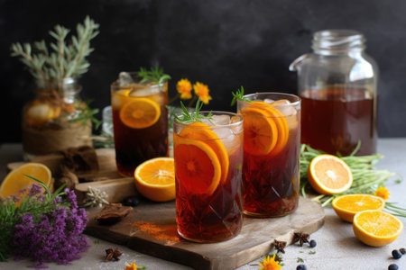 inspired by the flavors of summer, iced tea and coffee drinks made with fruit, herbs and spices, created with generative aiの素材