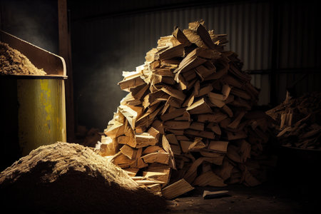 pile of freshly cut and stacked pulpwood, ready to be processed into paper, created with generative aiの素材