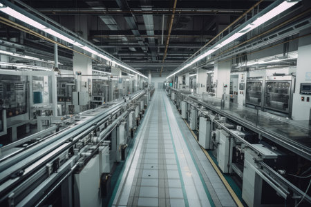 a factory floor with a variety of automated machines in motion, making products for the future, created with generative aiの素材