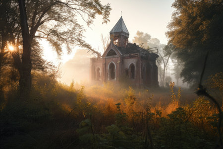 abandoned church, with broken windows and overgrown trees, surrounded by misty morning light, created with generative aiの素材