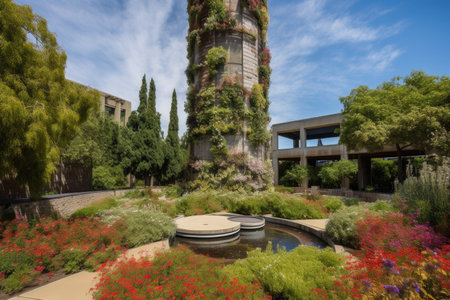 tower garden, with cascading water features, vines and blooming flowers, created with generative aiの素材