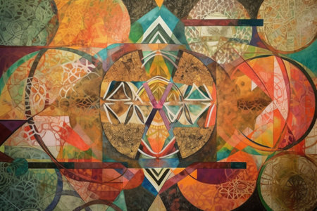 a symmetrical arrangement of shapes, colors and textures in a work of art, created with generative aiの素材