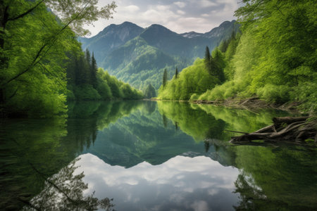 reflection of a peaceful lake surrounded by lush greenery and towering mountains in the distance, created with generative aiの素材