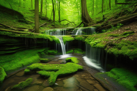 cascading spring waterfalls in a lush forest setting, created with generative aiの素材