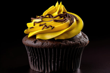 playful swirl of chocolate and yellow buttercream on cupcake, created with generative aiの素材
