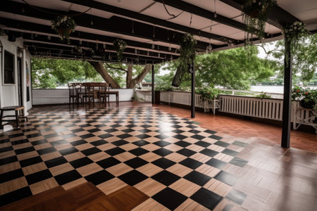 wooden deck with black and white checkered dance floor, created with generative aiの素材
