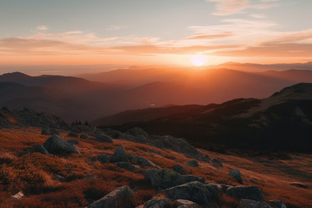 alpenglow on distant mountain range, with sun setting over the horizon, created with generative aiの素材