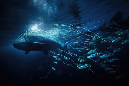 deep-sea creature swimming past a school of fish, with bioluminescent trails shining in the water, created with generative aiの素材