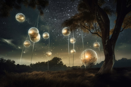 abstract and surreal landscape with floating orbs of light, resembling stars, created with generative aiの素材