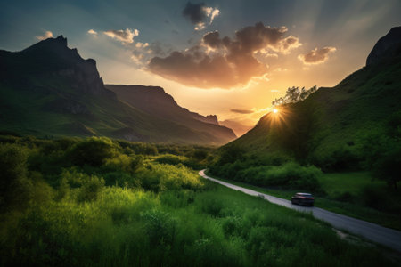 road trip, with the sun setting behind a mountain range, in a lush and green landscape, created with generative aiの素材