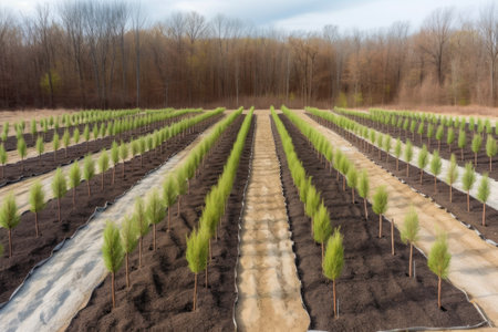 tree nursery with rows of newly planted trees, created with generative aiの素材
