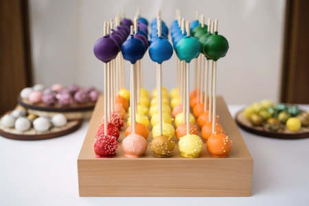 decorative cake pop display with a rainbow of colors and matching toppers, created with generative aiの素材