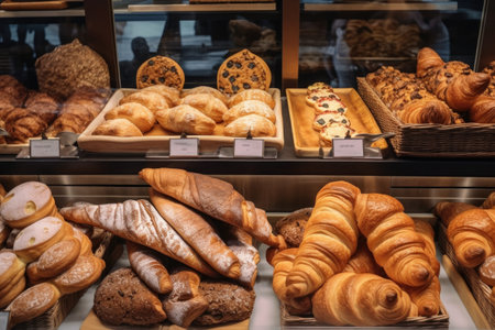display of croissants and pastries in bakery, with selection of cookies and cakes visible, created with generative aiの素材