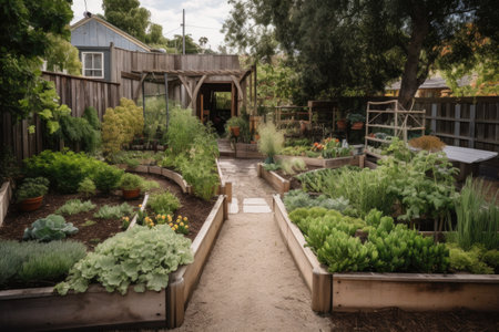 edible garden with fruit trees, vegetable beds and herbs, created with generative aiの素材