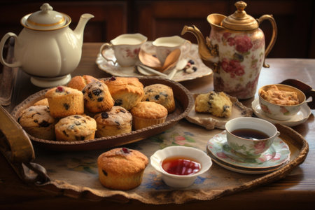 tea party with scones, muffins, and tea cups on tray, created with generative aiの素材