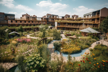 ecoworld of eco-friendly accommodations, with vegetable and flower gardens, surrounding the buildings, created with generative aiの素材