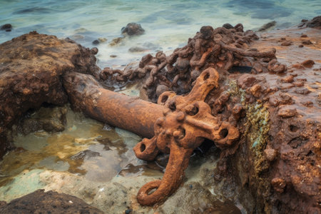 rusted and weathered anchor from long-lost shipwreck being dragged up from the depths, created with generative aiの素材