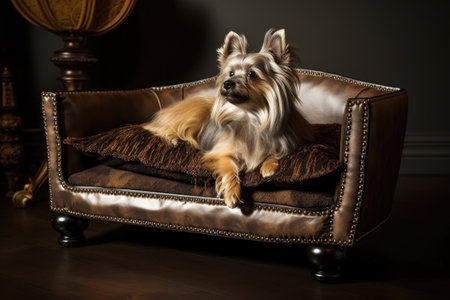 luxurious pet bed with intricate headboard in rich leather and plush faux fur, created with generative aiの素材