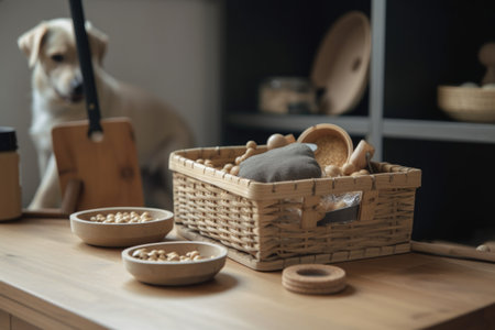 pet food and treats in wooden basket on kitchen counter, created with generative aiの素材