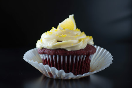classic red velvet and cream cheese frosting cupcake, with a twist of lemon, created with generative aiの素材