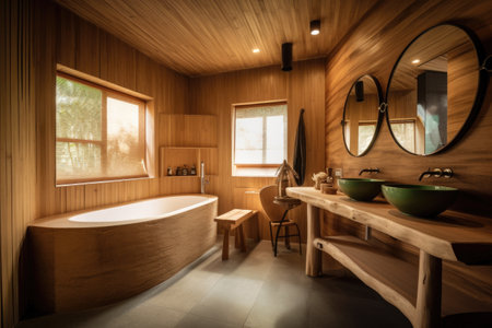 green bathroom, featuring eco-friendly fixtures and natural materials, created with generative aiの素材