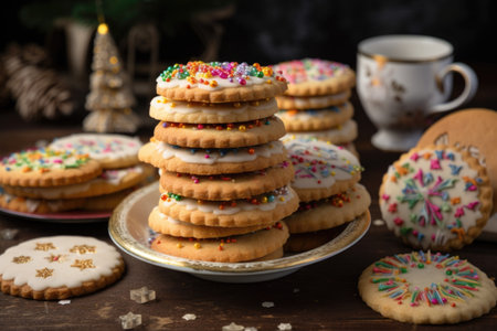 stack of homemade cookies, each with a different festive design, created with generative aiの素材