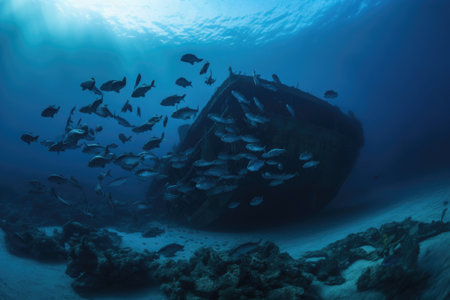 shipwreck surrounded by schools of fish, swimming among the wreckage, created with generative aiの素材