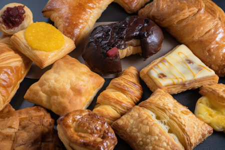 variety of flaky puff pastries and turnovers, each with unique fillings, created with generative aiの素材